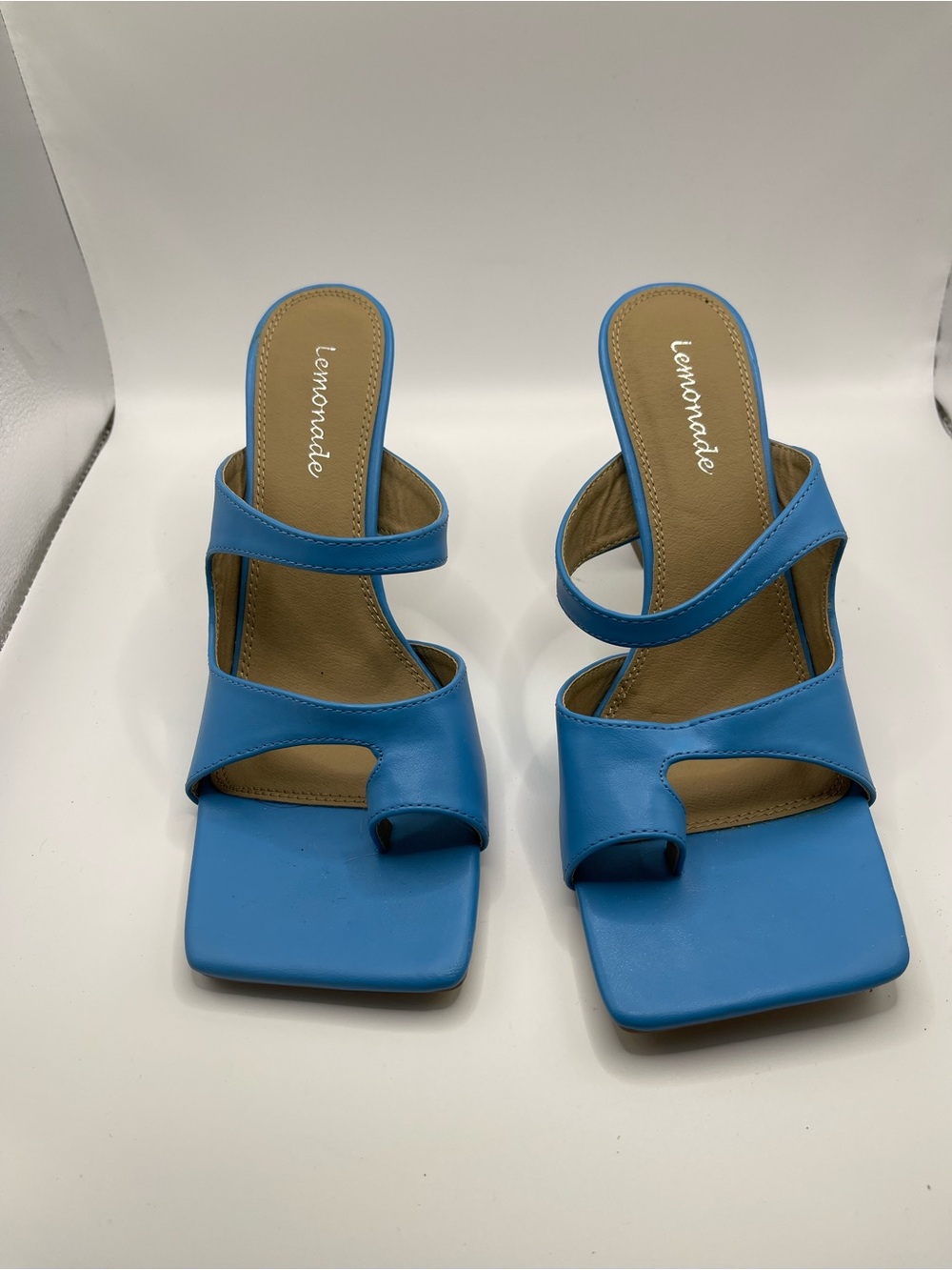Lemon Blue Triple-Strap Square-Toe Heeled Slides